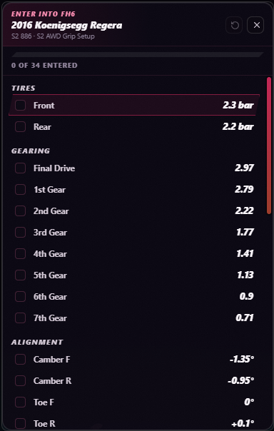 FH6 TuneLab — the Enter in game checklist overlay
